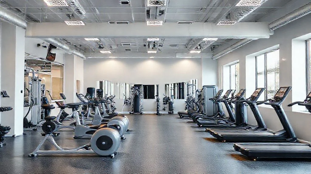 AI-generated image: A dramatic, wide-angle, brutalist-style photograph of a pristine, high-tech gym interior. Focus on the raw concrete walls, exposed industrial piping, and the sharp, angular lines of several advanced, dark-toned fitness machines (e.g., a futuristic power rack, a sleek treadmill, a precision leg press). Lighting is stark and dramatic, with shafts of vibrant neo-green light cutting through the shadows, creating long, sharp reflections on polished metal surfaces. No people are visible. The atmosphere is one of intense focus and uncompromising power.