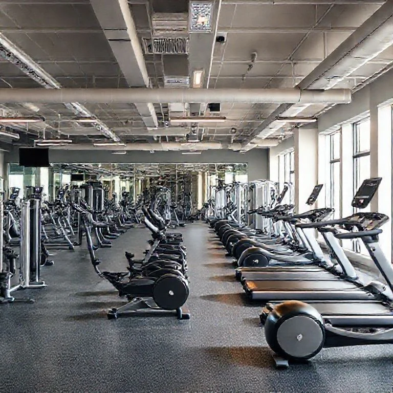 AI-generated image: A stark, brutalist photograph of a row of highly ergonomic, dark grey barbells and weight plates, arranged with perfect symmetry on a textured concrete floor. Sharp shadows and strong contrasts define the scene. The caption details the precision machining and balanced design of the free weights.